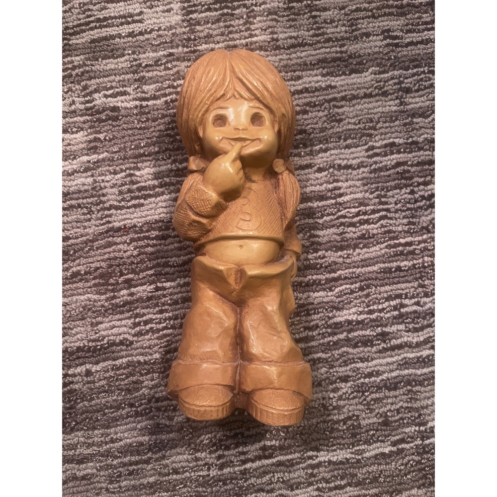 Vintage Girl Figurine Faux Wood Resin Statue Cheeky Humorous Decor 9.25in